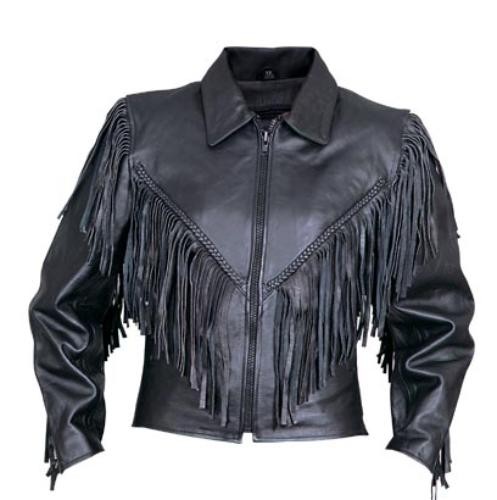 (image for) Ladies black Cowhide Leather jacket braided with fringe